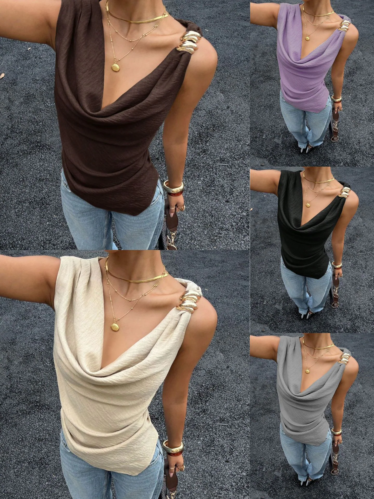 Draped-Neck Sleeveless Top, item XY001115