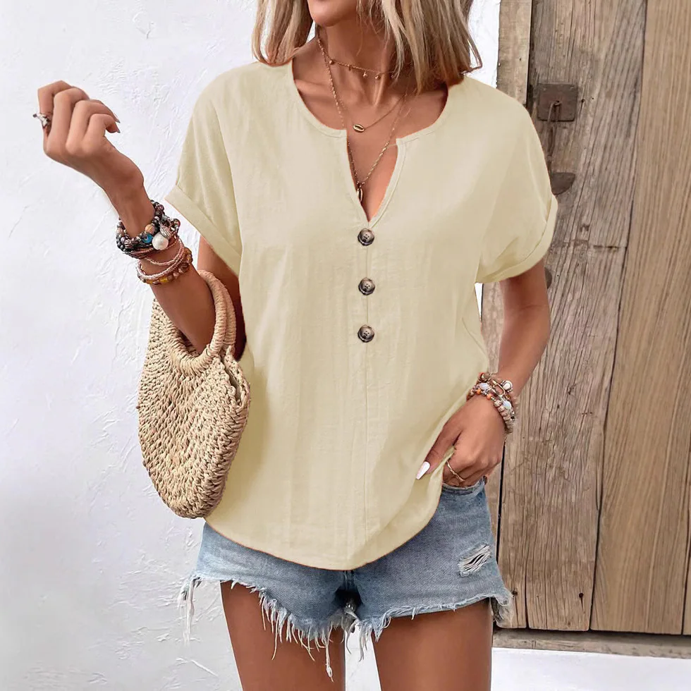V-Neck Button Short-Sleeve Top, item HY6516, view 2