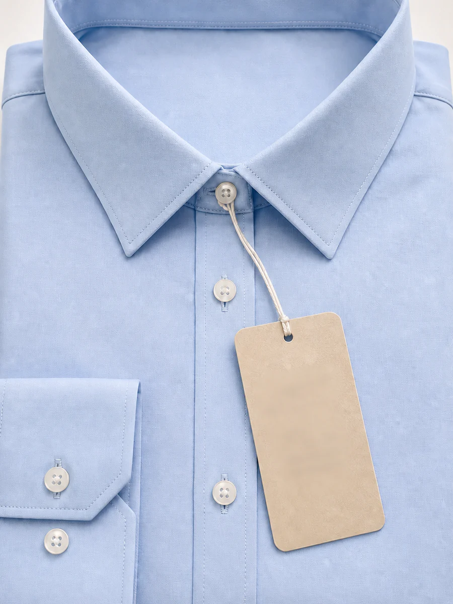 Anonymized private-label hangtag attached to the approved women's shirt