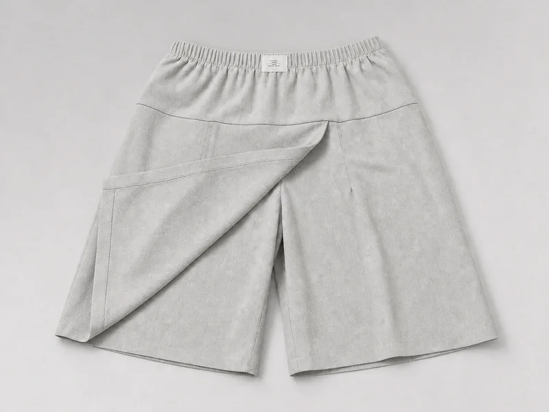 XY000606 asymmetric skirt panel lifted to show knee-length shorts underneath