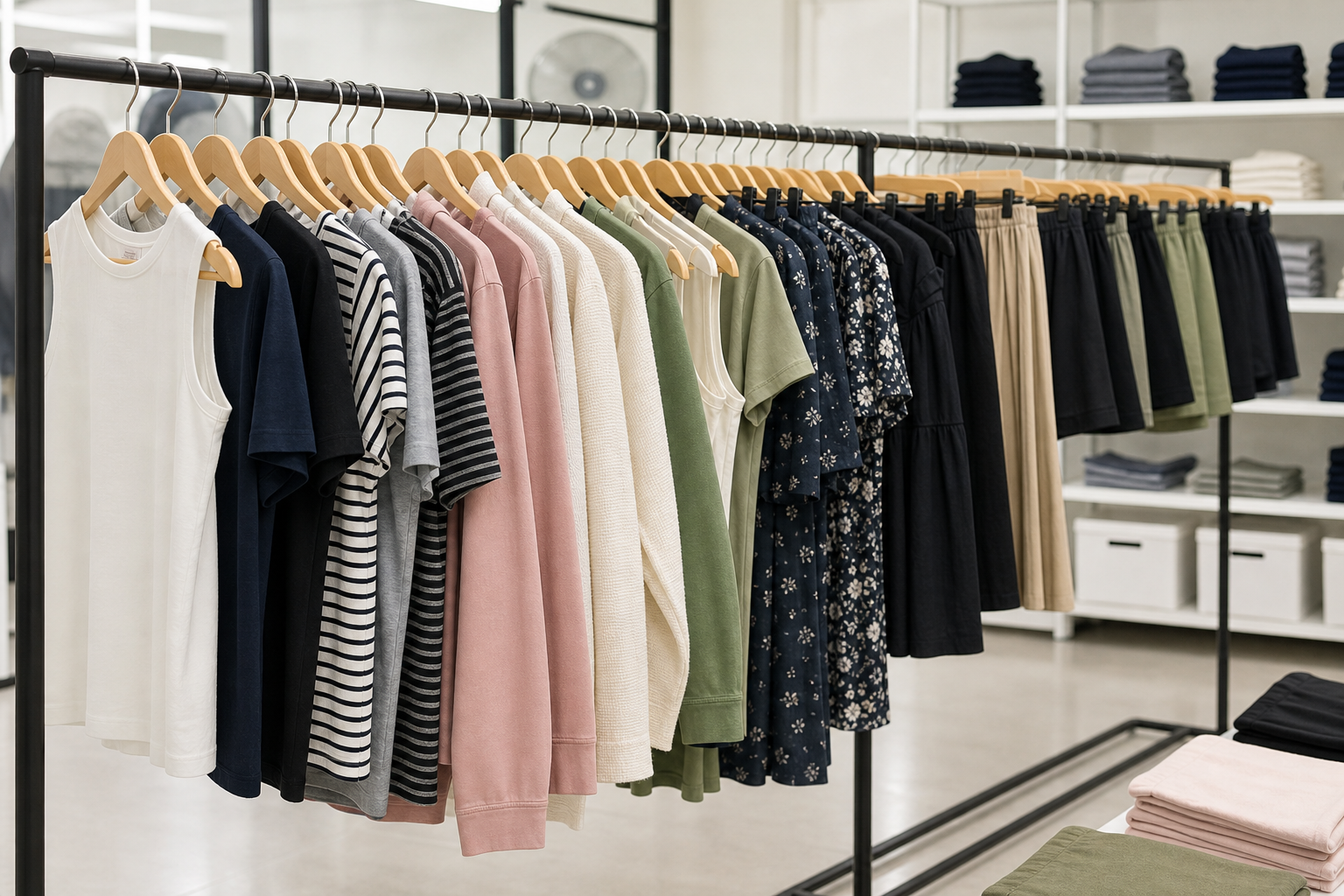 AI-generated visual reference of an organized apparel product range rack
