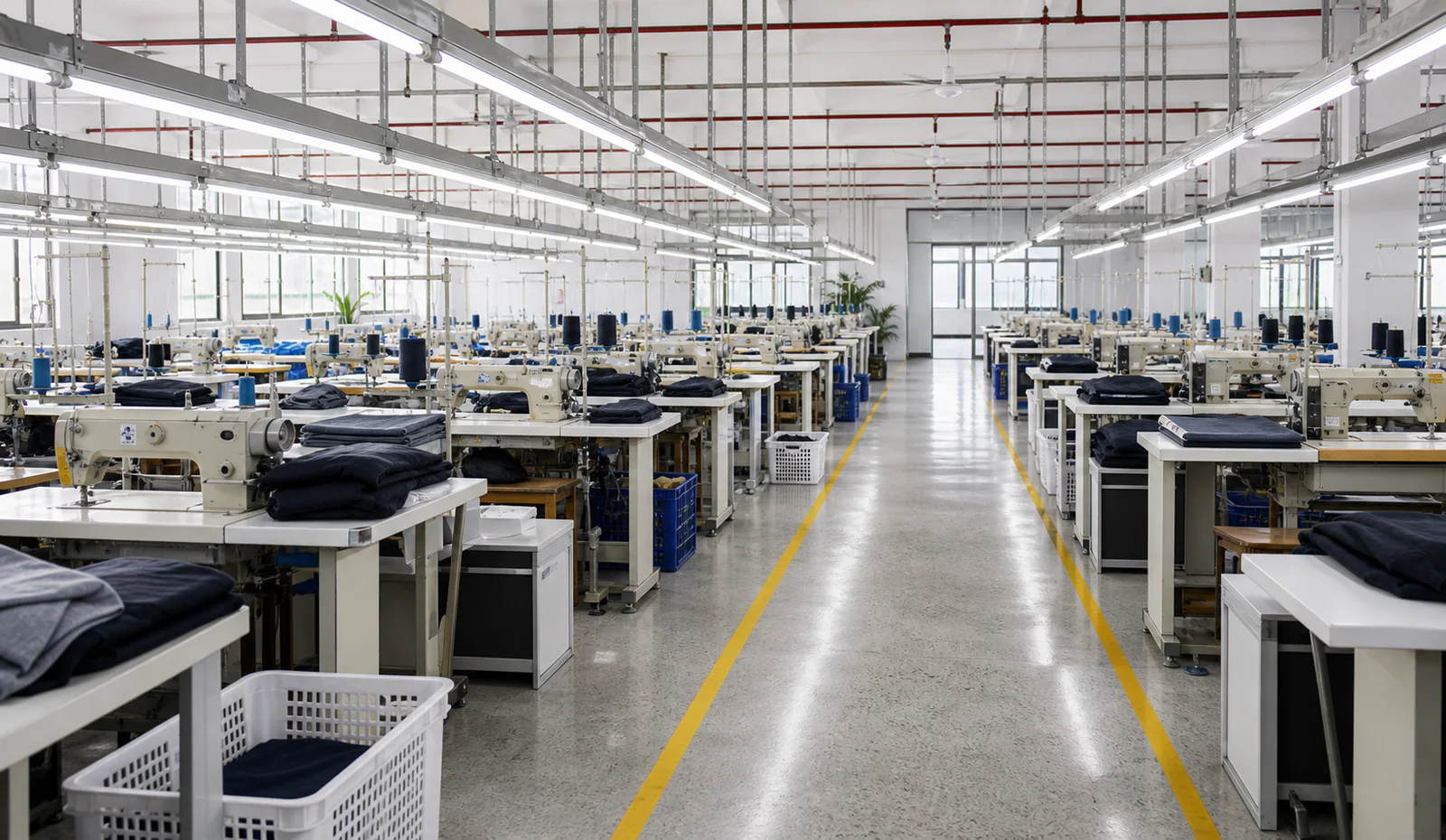 Clean and organized apparel sewing workshop floor