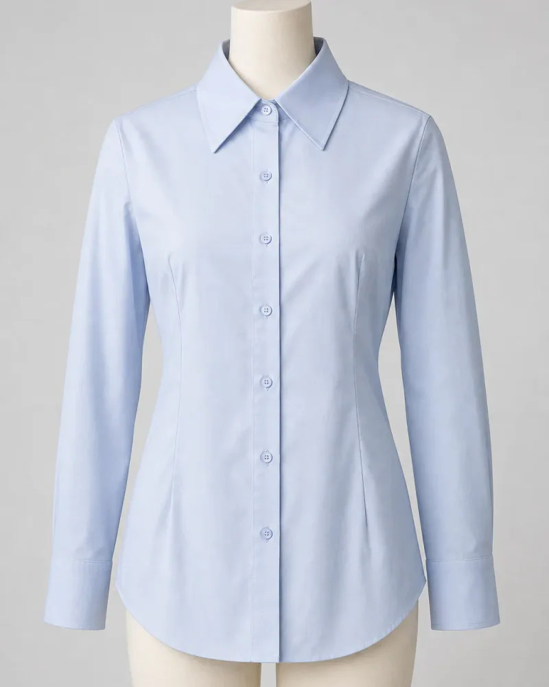 DZ-CS0001 fitted custom women's long-sleeve shirt displayed on a torso mannequin