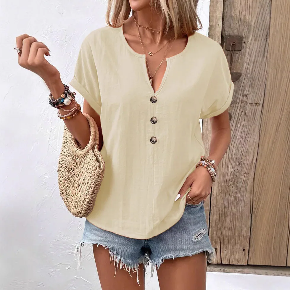 V-Neck Button Short-Sleeve Top HY6516 alternate product view