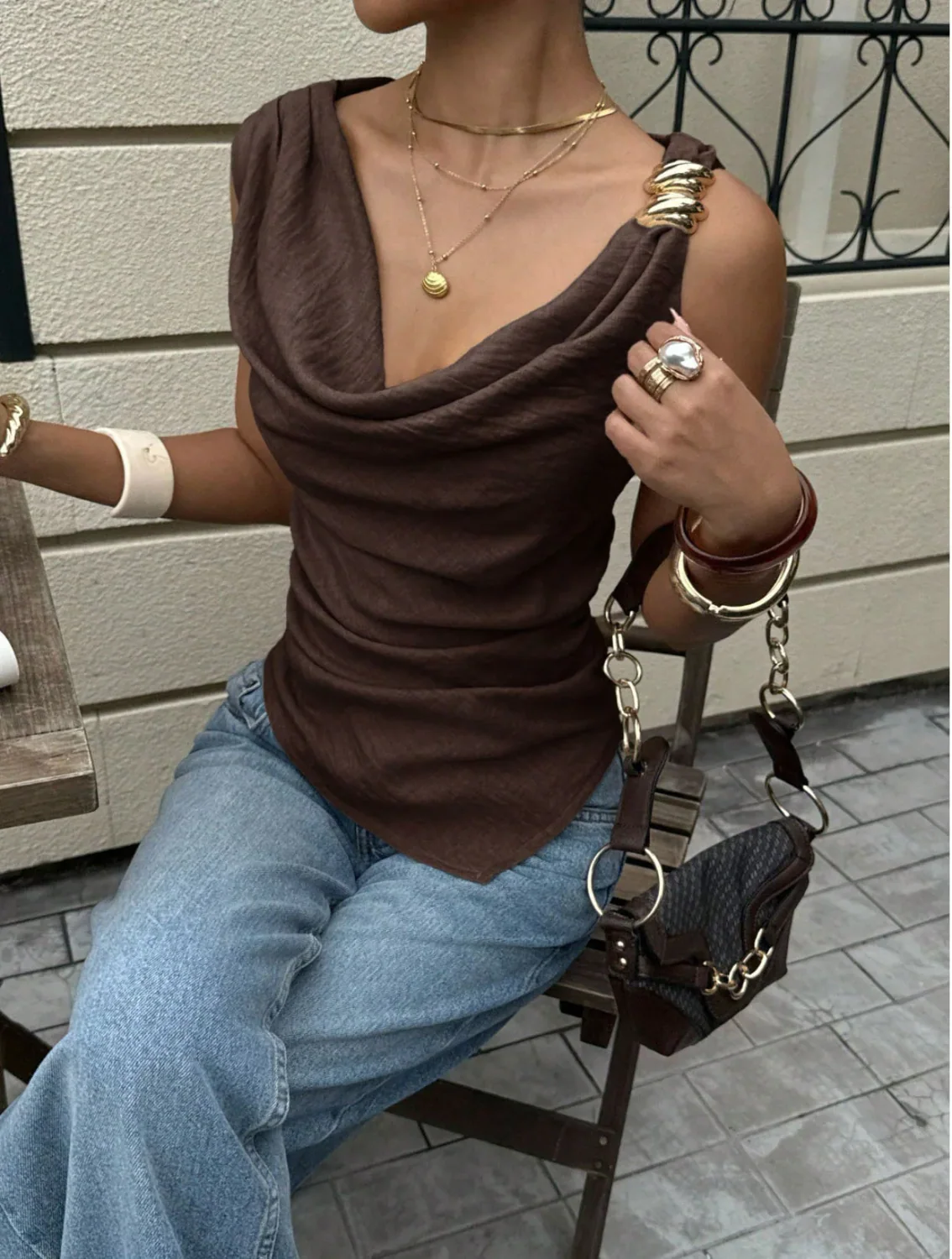 Draped-Neck Sleeveless Top XY001115 garment detail view